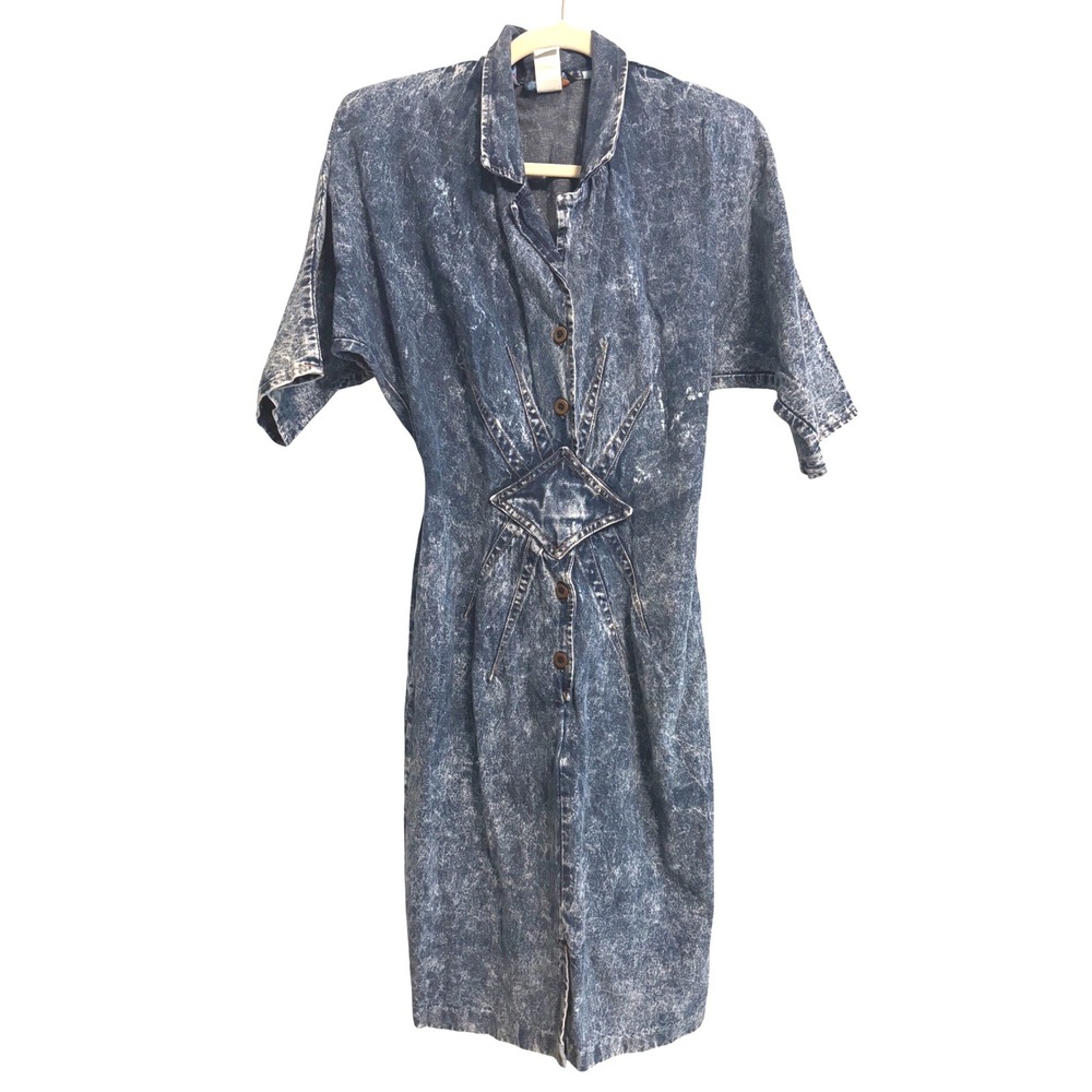 Champagne West Vintage 80s Acid Wash Denim Dress Star Waist Made in USA
